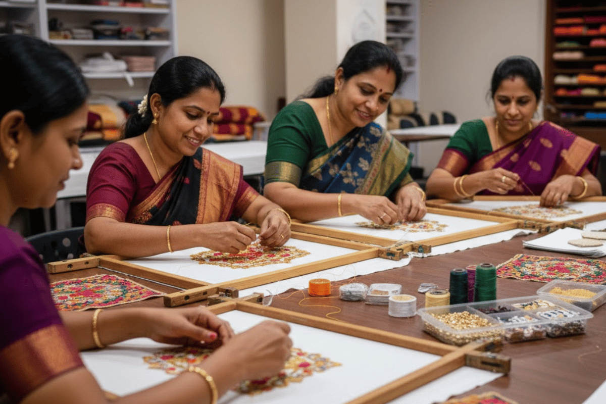 Women performing embroidery